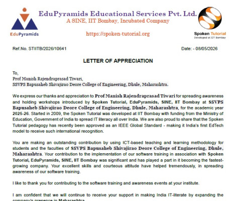 Appreciation Letter from Spoken Tutorial, IIT Bombay.