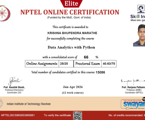 Krishna B Marathe (TY Comp) NPTEL- Data Analytics with python - Elite (April-2026)